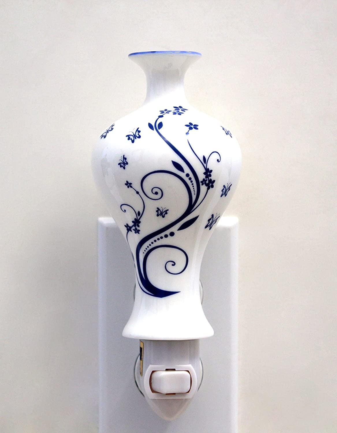 White And Blue Long Round Ceramic Vase Modern Style Night Light, Night