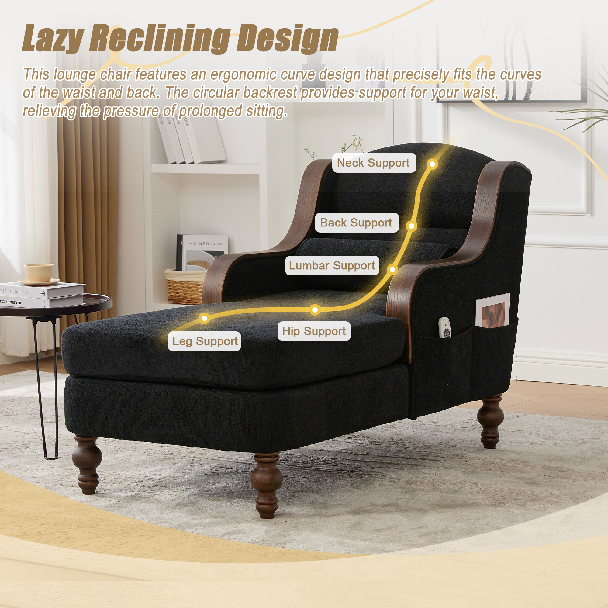 MOONMISS Chenille Upholstered Wood Frame Oversized Chaise Lounge with Side Pocket for Living Room,Bedroom-Black