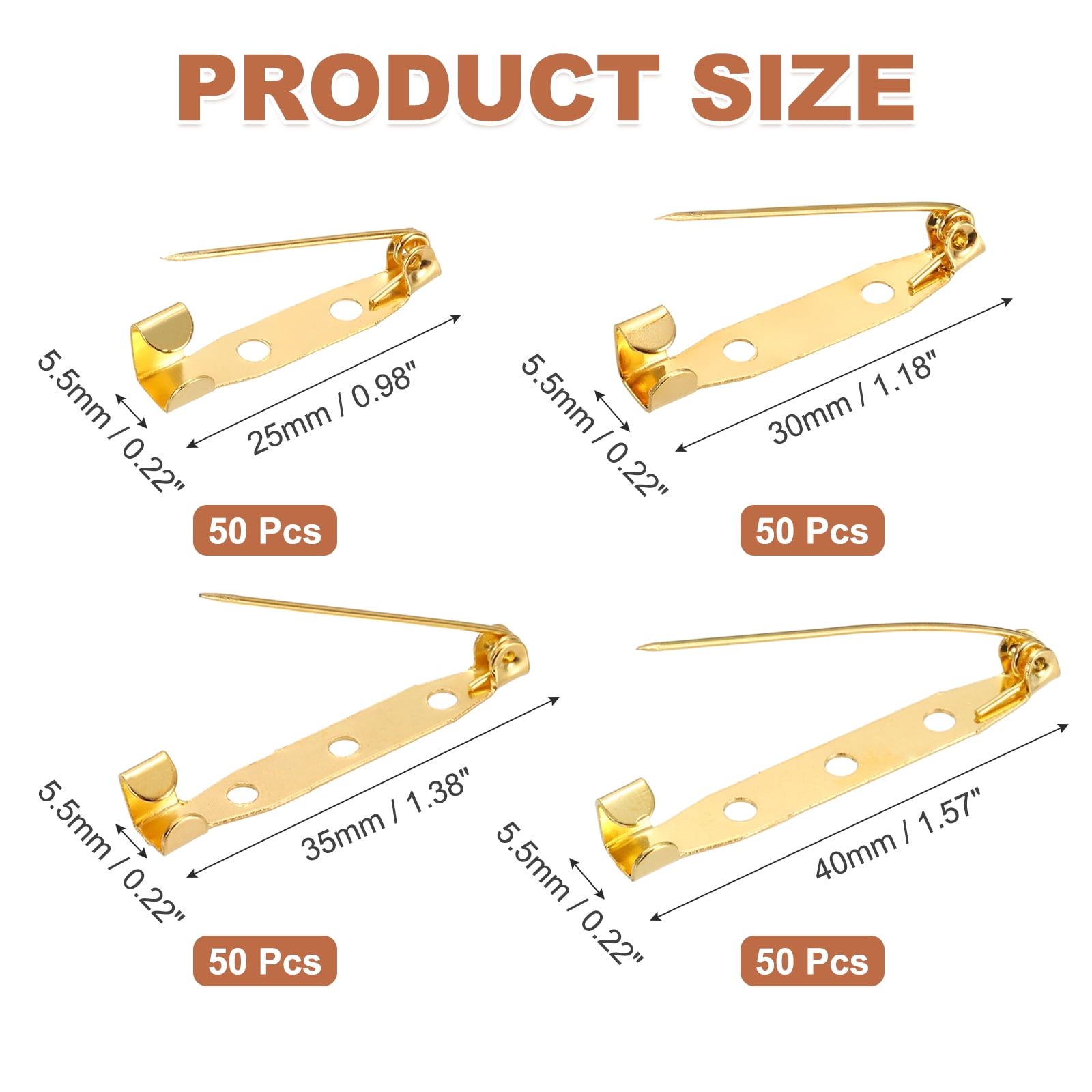 Uxcell 200 Pcs Brooch Pin Backs, Metal Bar Pins Backs Safety Clasp for DIY Crafts Name Tags Badges Corsage Jewelry Making(25/30/35/40mm, Gold)
