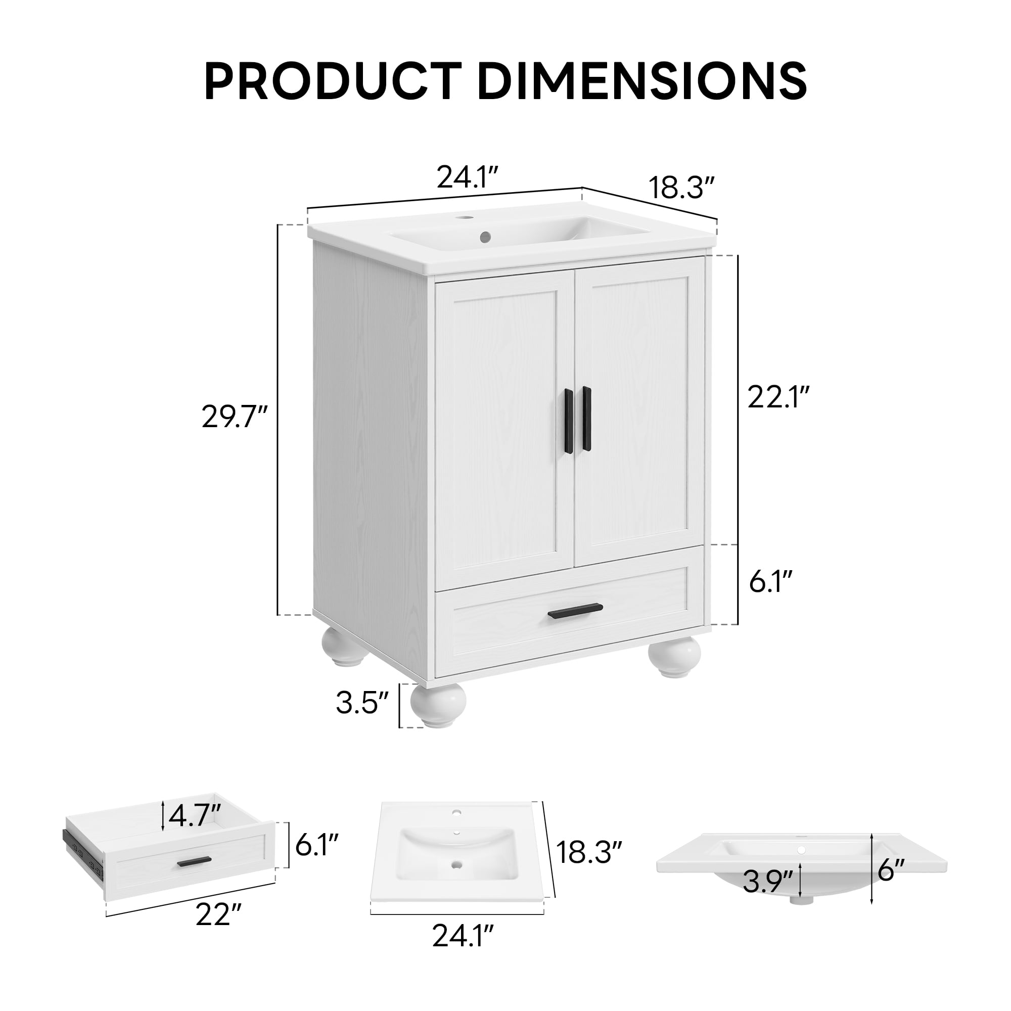 LIKIMIO 24" Bathroom Vanity with Ceramic Sink Combo, White Bathroom Storage Cabinet with Drawer, 4 Solid Legs, Adjustable Shelf, Freestanding Wooden Modern Bathroom Cabinet