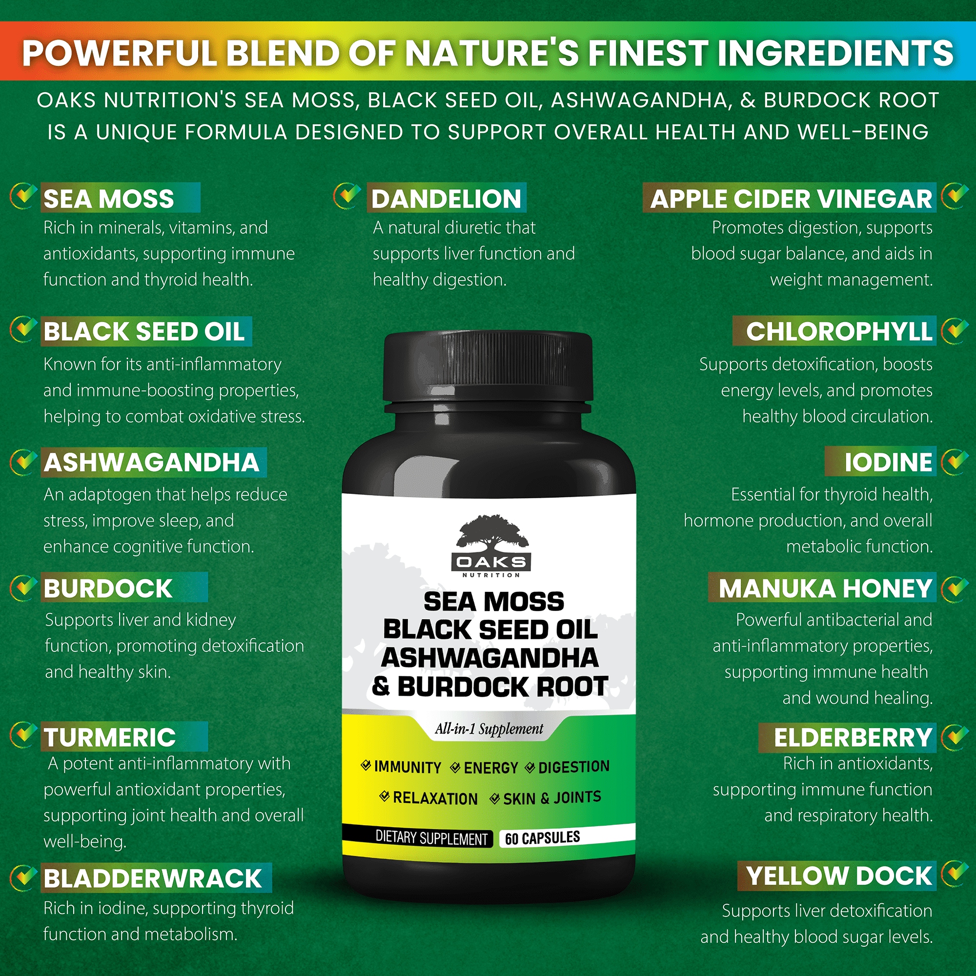 Oaks Nutrition Superfood Sea Moss, Black Seed Oil & Ashwagandha Antioxidant Multivitamin