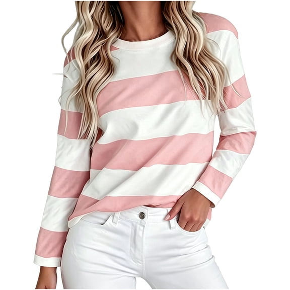 CYMMPU Women's Crew Neck Long Sleeve Striped Print Top, Loose Fit Casual Pullover Shirt for Everyday Wear and Relaxed Outings Pink S
