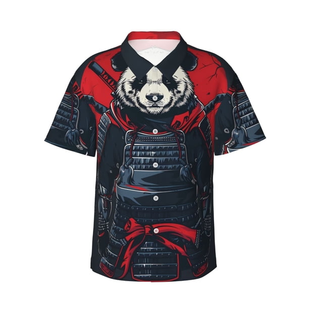 Fotbe Red Black Eastern Panda Warrior Camisa Hawaiana para Hombre Unisex – Camisa Casual de Verano con Botones de Manga Corta de Algodón y Lino,Small