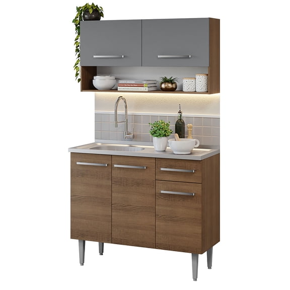 Cocina Integral Madesa 105cm con Tarja Marrón/Gris