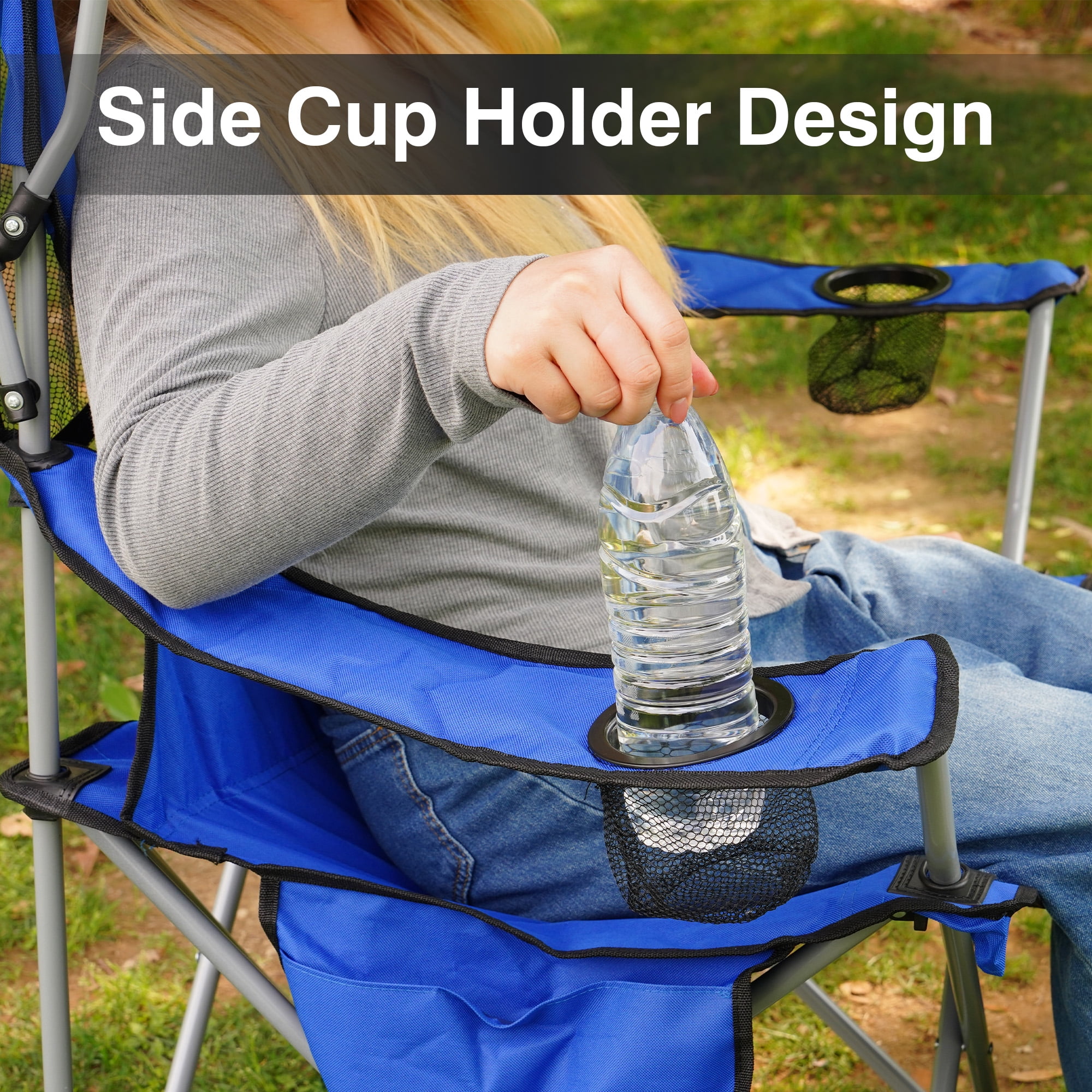 FlexWave Folding Camp Chair，Portable Outdoor Chair，with Shade & Cup Holder，for Camping, Beach, Fishing, and Sports Events