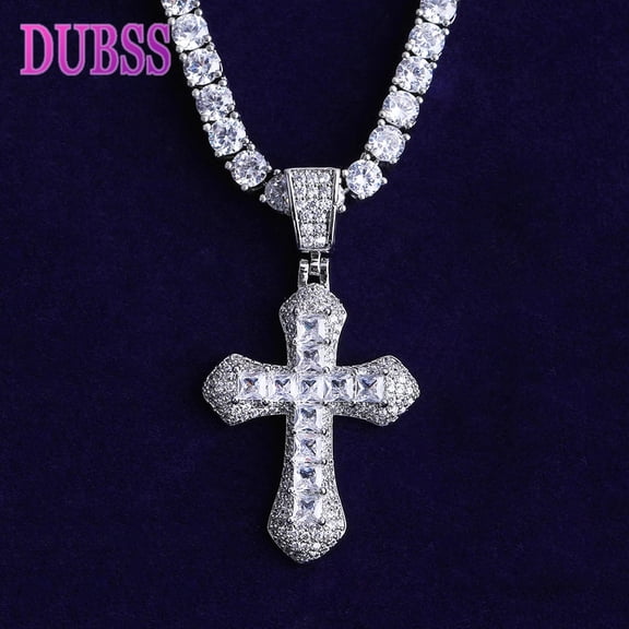 DUBSS Iced Out Small Baguette Cross Necklace Pendant for Men Real Plated 5A Cubic Zirconia Hip Hop Jewelry