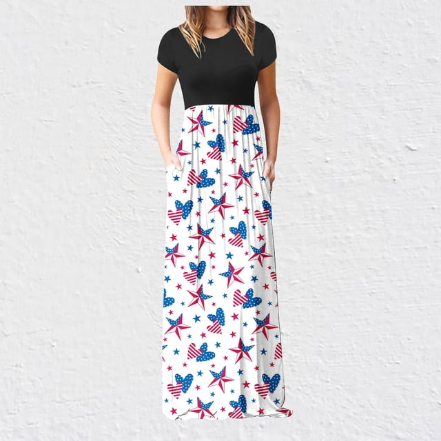 ICHUANYI Clearance Womens Fashion Summer Independence Day Printing Pocket Vacation Long Dress(White, XXL) ICHUANYI WER2023081108954
