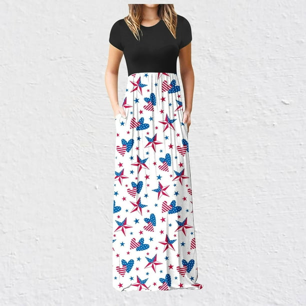 ICHUANYI Clearance Womens Fashion Summer Independence Day Printing Pocket Vacation Long Dress(White, S) ICHUANYI WER2023081108956