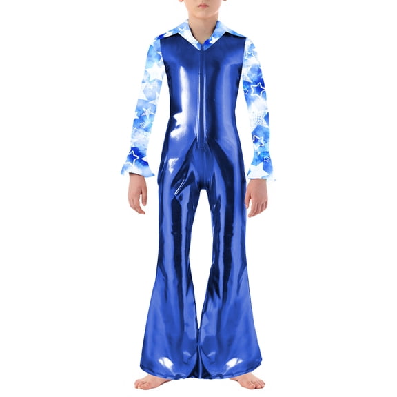 Haitryli Child Retro S Disco Outfit Boys Metallic Fabric Long Sleeve Zip Front Flared Pants Jumpsuit Royal Blue 12