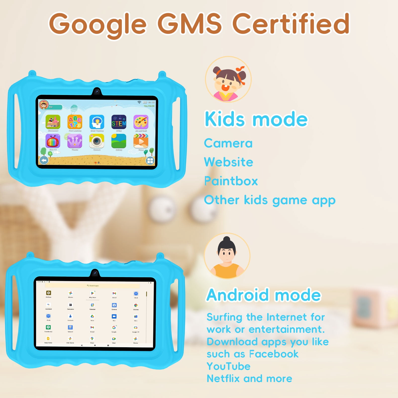 Kids Tablet, 7 inch Android 11 Tablet for Kids, 6(2+4) GB RAM 32GB ROM, Toddler Tablet with Bluetooth, GPS,WiFi,Parental Control, Dual Camera,Shockproof Case,Kids App Pre-Installed