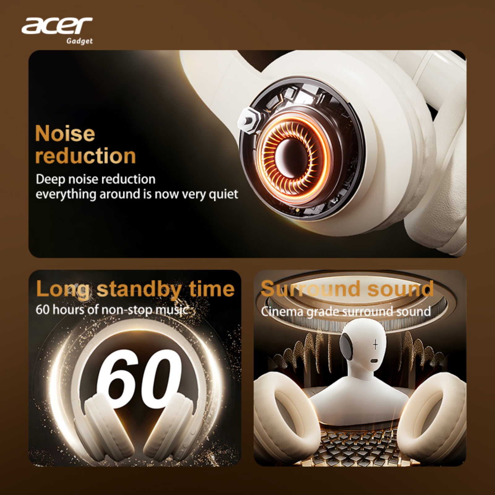 Acer Over-ear Headphones with 60H Playtime, Hi-Res Audio Foldable and Comfortable, Beige