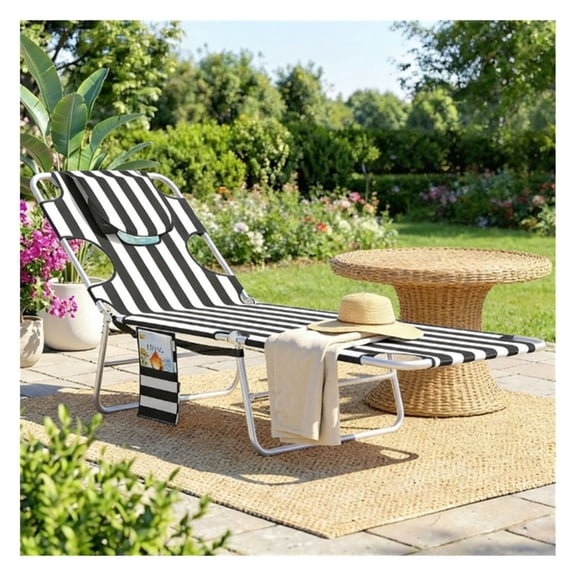 Sunbathing Chair Outdoor Lounge Chair Adjustable Beach Armchair Black Stripe