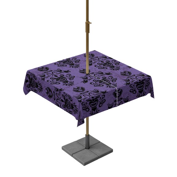 Outdoor Tablecloth with Umbrella Hole, Halloween Hunted Damask Ghost Zippered Table Cloth for Rectangle Tables, Black Purple Washable Waterproof Tablecloths for Picnic Patio Garden