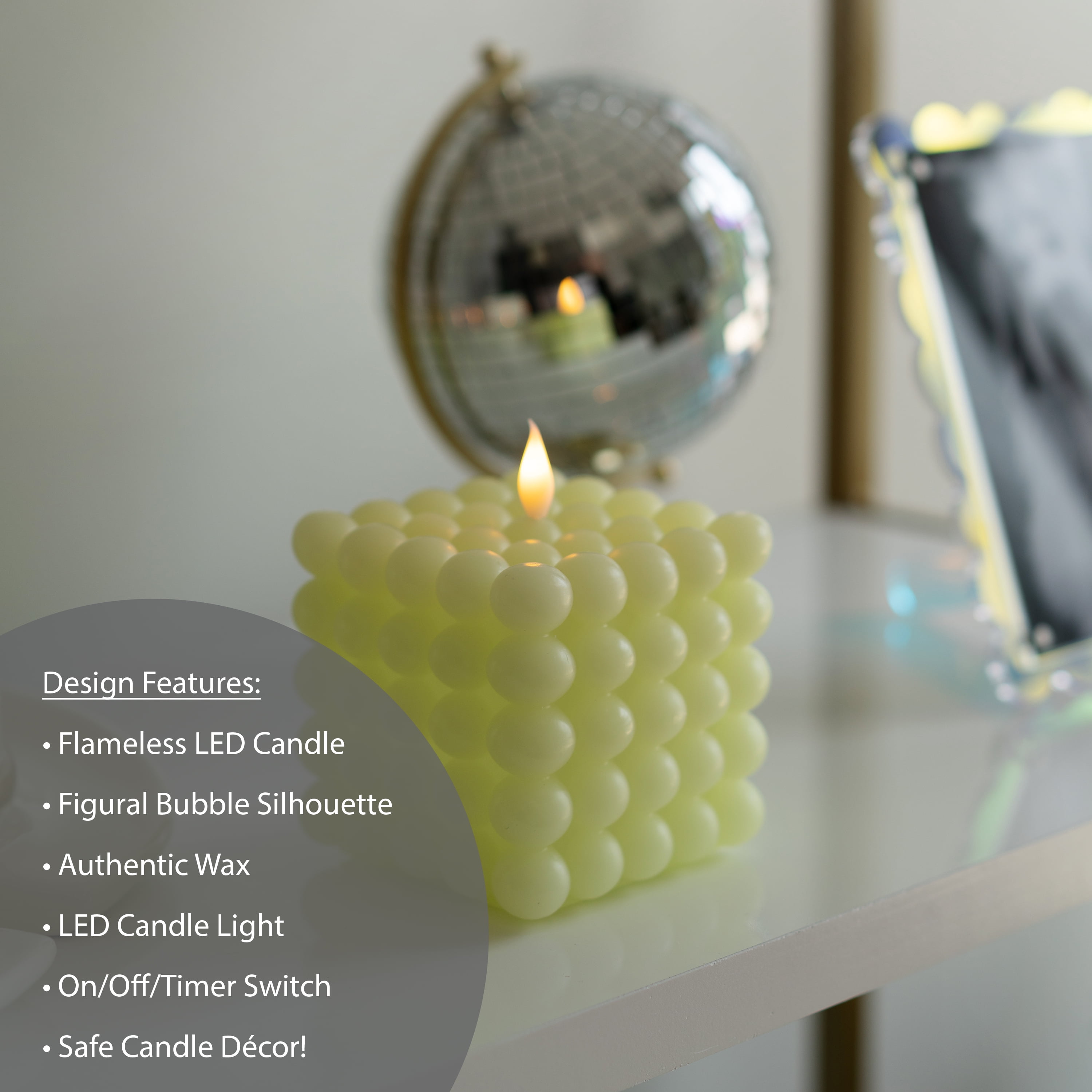Mainstays Green Square Tabletop Wax Candle with  Faux LED Flame, Bubble Design, 4.92"x4.13"x4.13"