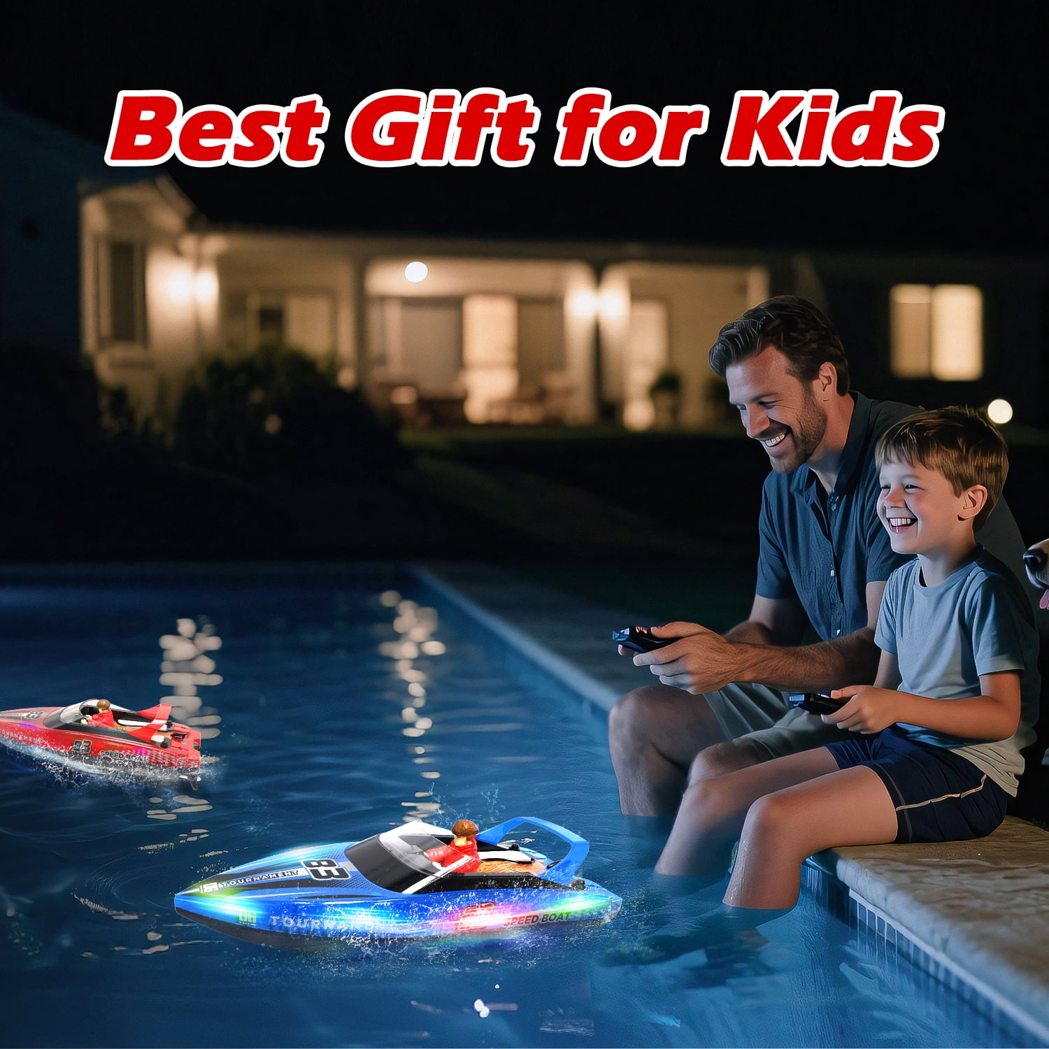 JoyStone 10 inch RC Boat with LED Lights for Adults and Kids - 2.4Ghz Remote Control Boat for Pool and Lakes, Dual Motor & Low Battery Alarm, Gifts for 8-12 Boys Girls(Blue)