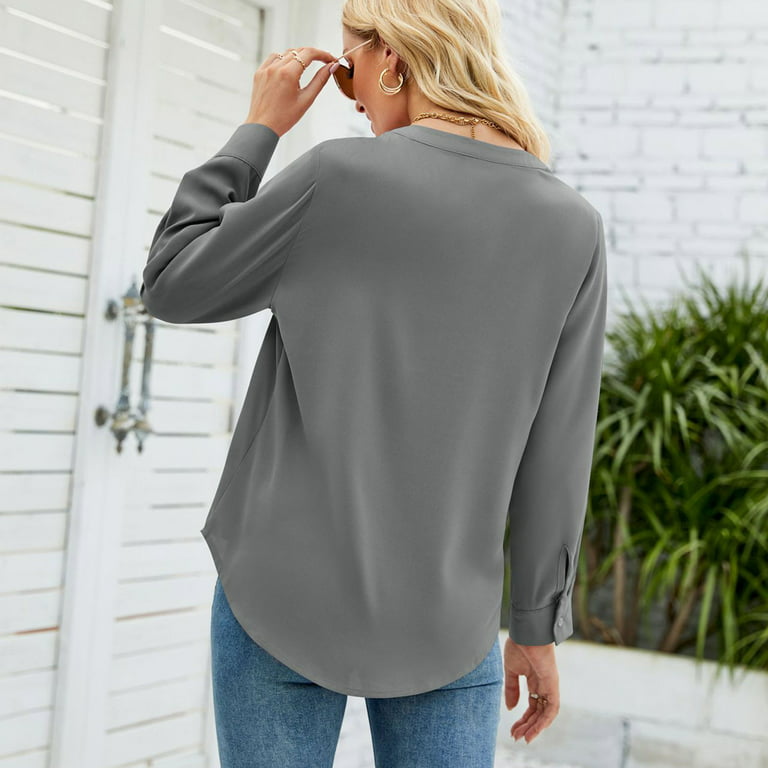 tklpehg Long Sleeve Shirts for Women Ladies Tops Long Sleeve Shirts Classic  Solid Colors Comfortable Casual V-Neck Lightweight Loose Fit Blouse