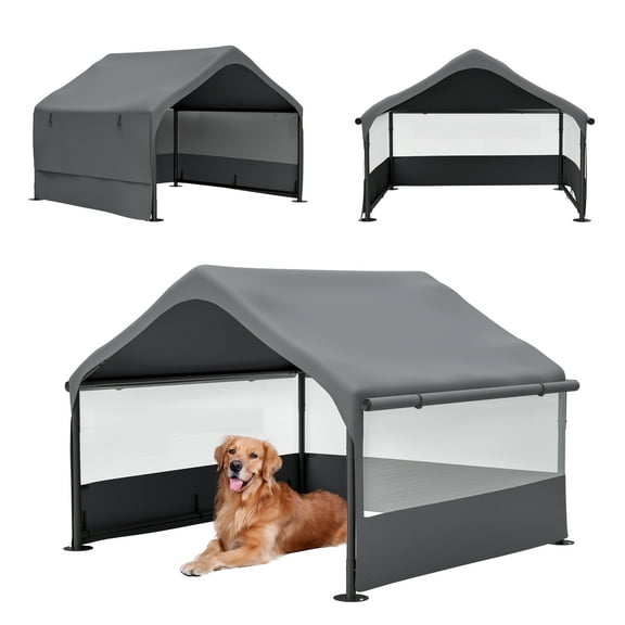 ZephyPaws Extra Large Dog House Outside, Dog Tent Outdoor, Big Dog Shade Shelter Doghouse Canopy with Three-Sided Breathable Mesh Windows, Gray Sun Rain Cover for Pet Cat Livestock 4'x 4'x 3.3'