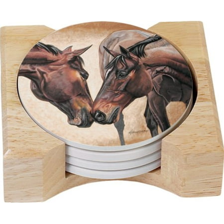 Wooden Coaster Set - CounterArt Horse Kiss Design Round Absorbent Coasters in Wooden Holder, Set of 4