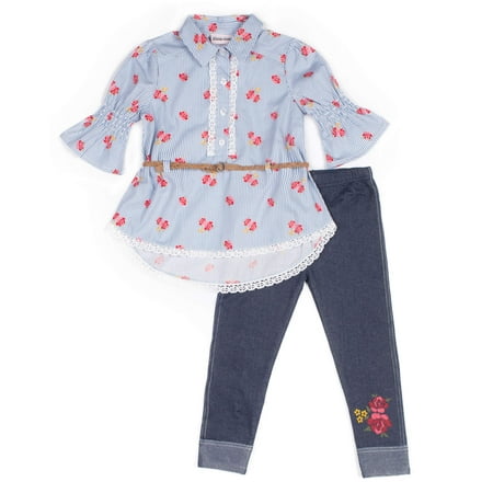 Floral Outfit Girl - Bell Sleeve Floral Poplin Blouse & Knit Denim Jeans, 2-Piece Outfit Set (Toddler Girls)