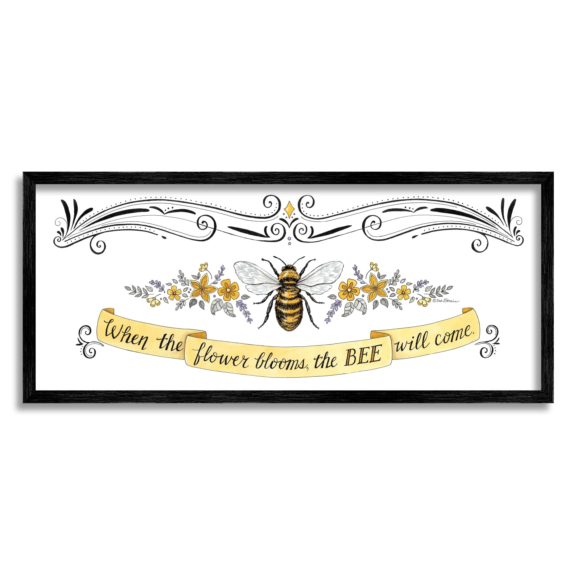 Stupell Industries When The Flower Blooms Honey Bee Banner Quote Graphic Art Black Framed Art Print Wall Art, Design by Deb Strain