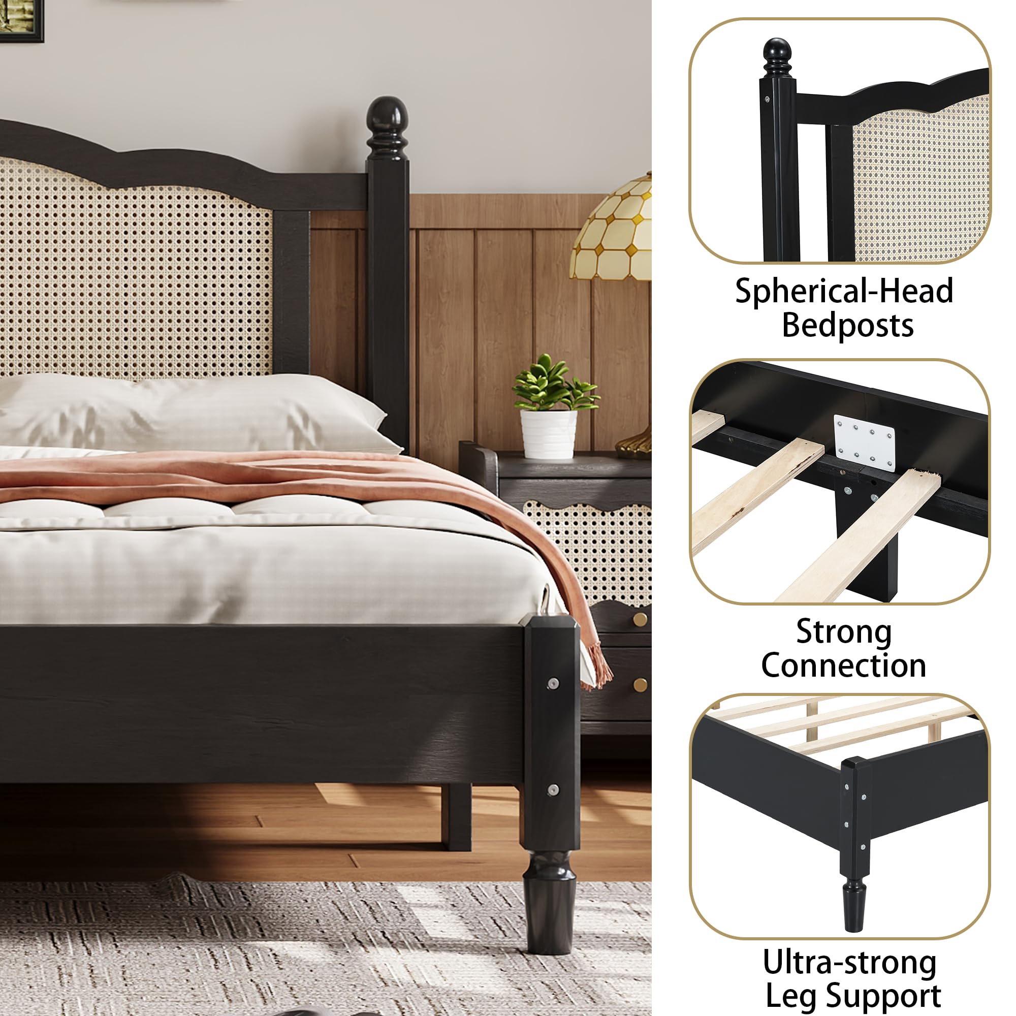 Aukfa Solid Wood Queen Size Bed Frame with Natural Rattan Headboard, Black