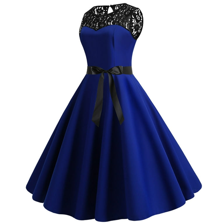Fsqjgq Plain Dresses for Women Female A Line Dresses for Women Vintage  1950S Retro Sleeveless Lace Splice Solid Party Prom Swing Dress Blue Size S  - Walmart.com