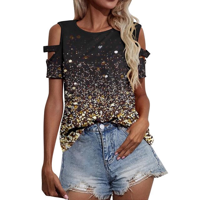 Gibobby Playera Manga Corta para Mujer Camiseta manga corta con cuello redondo y hombros descubiertos para mujer para uso informal(Negro,G)