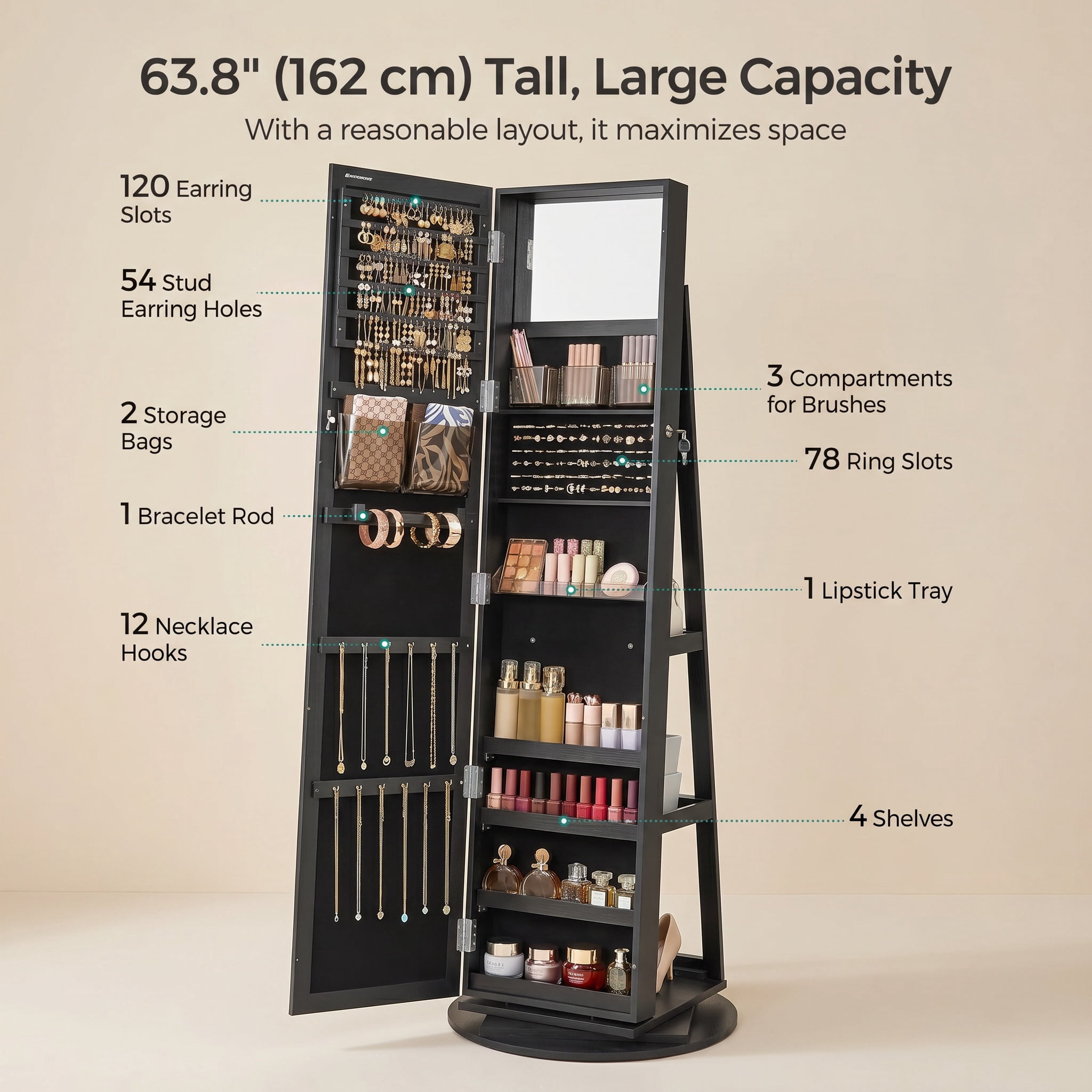 Nordic Hygge 360° Swivel Lockable Jewelry Cabinet with Full-Length Mirror & Rear Storage – Black