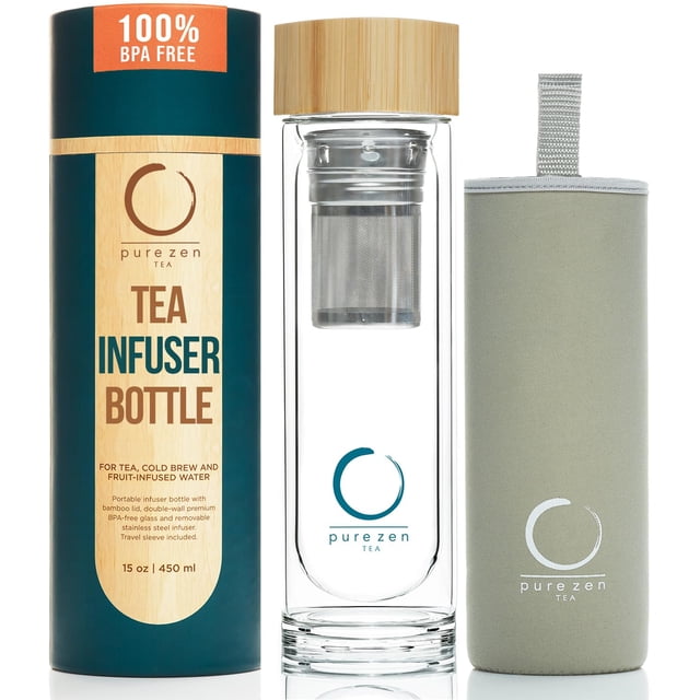 Botella infusora de té Pure Zen, botella de vidrio aislante para té de hojas sueltas, vaso de té con infusor, taza de viaje portátil para agua infundida, termo difusor de té para llevar, 15 onzas