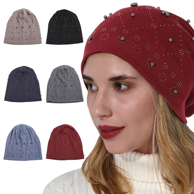 Double Layer Cotton Hot Drilled Beaded Pullover Hat Womens Winter Warm  Knitted Hat Wool Ski Hat Sun Hat