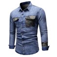 thumbnail image 1 of Camisa de hombre de manga larga de mezclilla con lavado de solapa y botones de camuflaje con bolsillo colorblock Pompotops oipoqjl27507, 1 of 9