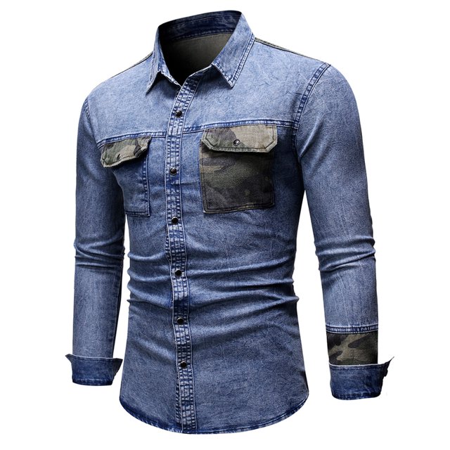 Camisa de hombre de manga larga de mezclilla con lavado de solapa y botones de camuflaje con bolsillo colorblock Pompotops oipoqjl27507