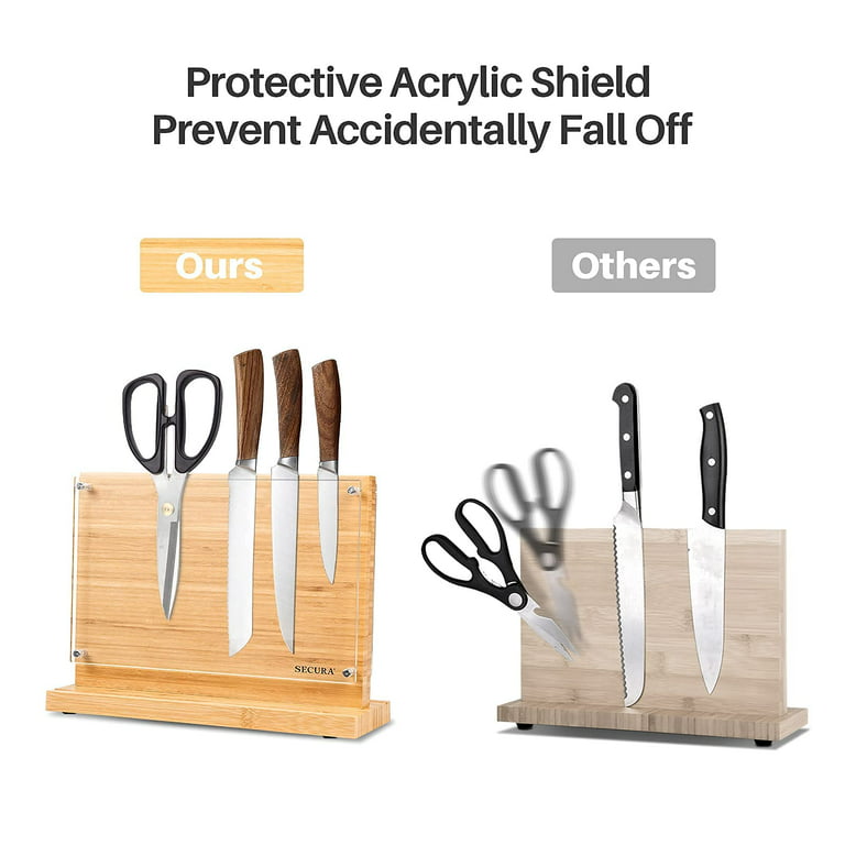 Kitchen Magnetic Knife Block with Acrylic Shield Acacia Wood Double Side  Knife Holder Rack Stands with Strong Enhanced Magnets Multifunctional  Storage