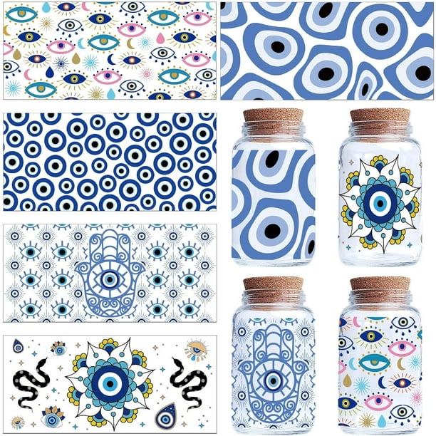 5 hojas de pegatinas de transferencia azules para vasos de vidrio, calcomanías de transferencia UV DTF para vasos, pegatinas de PVC impermeables con diseño de mano de Fátima bohemia.