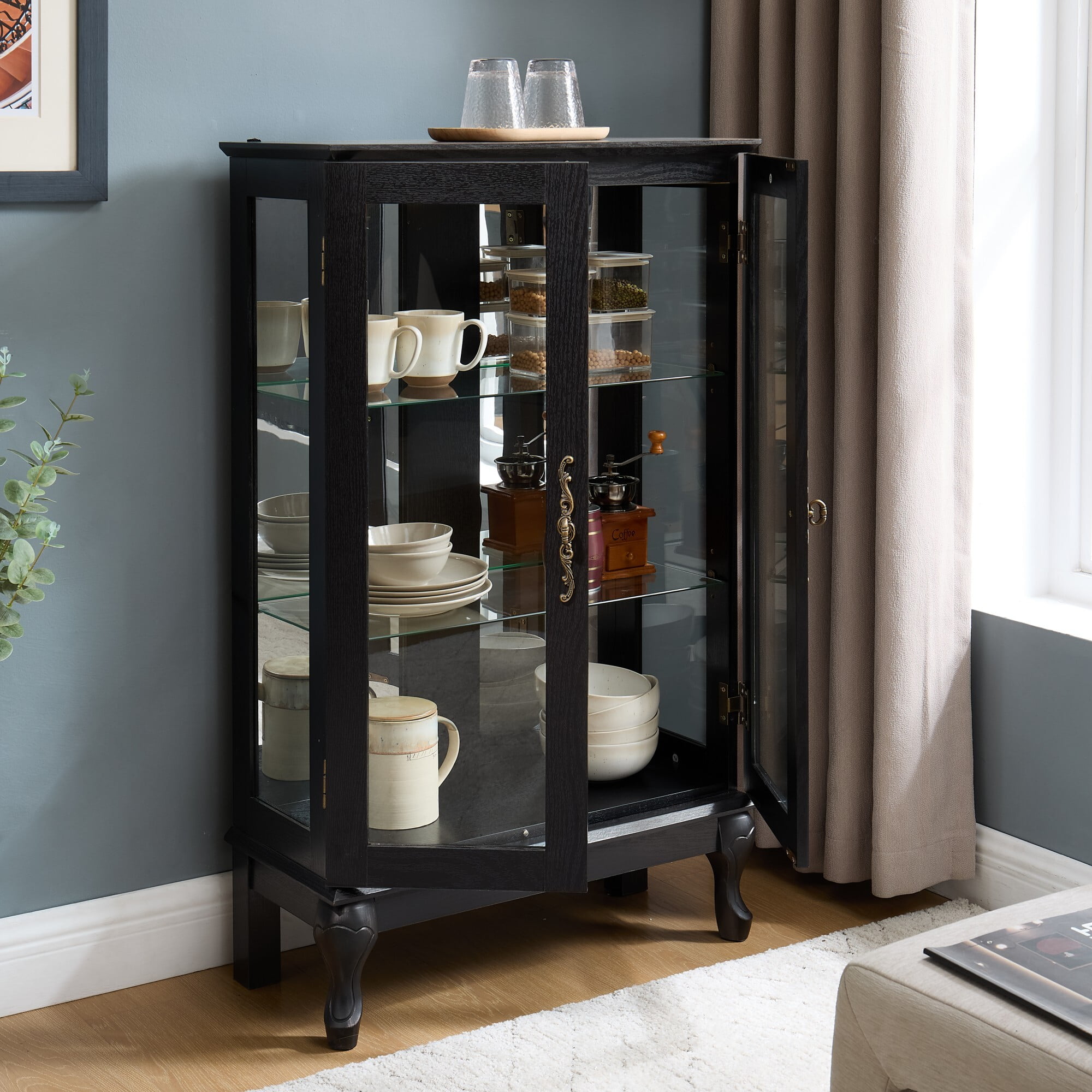 AENKYO Retro Glass Curio Cabinet with Light Bulb & Adjustable Shelves, Small Vintage Home Decor Display Case, Black