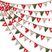 Christmas Decorations Fabric Bunting Banner Red Green Xmas Pennant Flag Floral Cotton Traingle Hanging Garland for Holiday Fireplace Winter Wonderland New Year Party Decorations Supplies (2 Set)