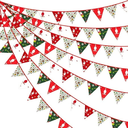 Christmas Decorations Fabric Bunting Banner Red Green Xmas Pennant Flag Floral Cotton Traingle Hanging Garland for Holiday Fireplace Winter Wonderland New Year Party Decorations Supplies (2 Set)