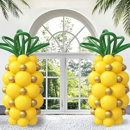 140pcs Pineapple Balloon with Metallic Gold Dark Green Yellow Long Balloons for Pineapple Luau Tropical Hawaiian Themed Birthday Party Decorations