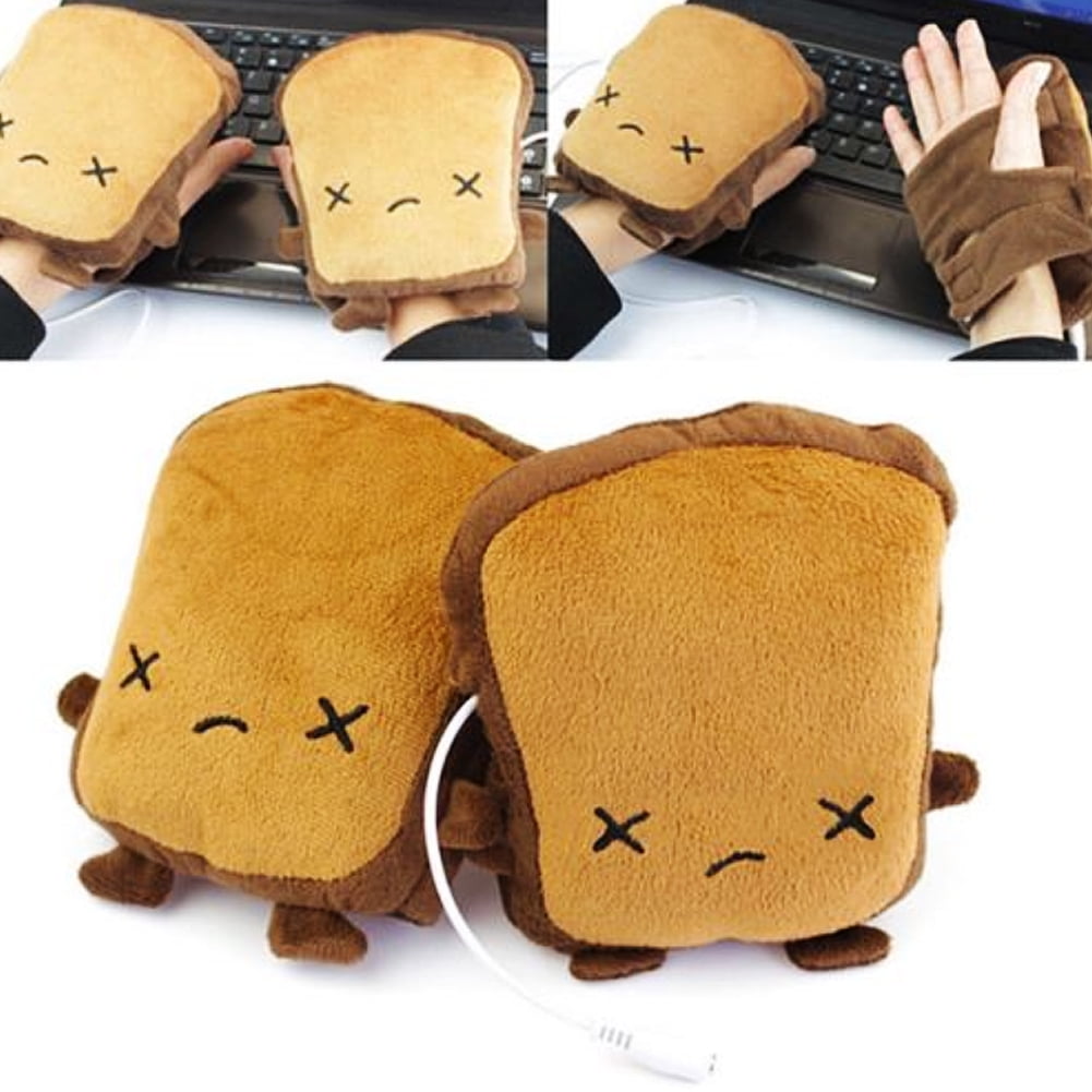 USB Heated Gloves Hand Warmers Fingerless Cute Toast Shape Christmas Gift 1Pair 