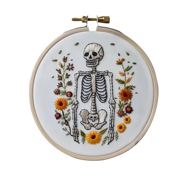 Halloween Theme Pumpkin, Bat And Flower Pattern Embroidery Kit, DIY Gothic Needlepoint Crafts Round Hoop Cross Stitch Kit For Beginners