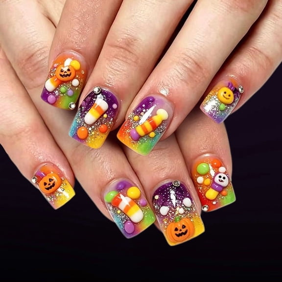 24Pcs Halloween Press On Nails Short, Gradient Fake Nails with Pumpkin Ghost Candy Corn Glitter, Reusable False Nail Tips for Women, DIY Halloween Party Manicure Set