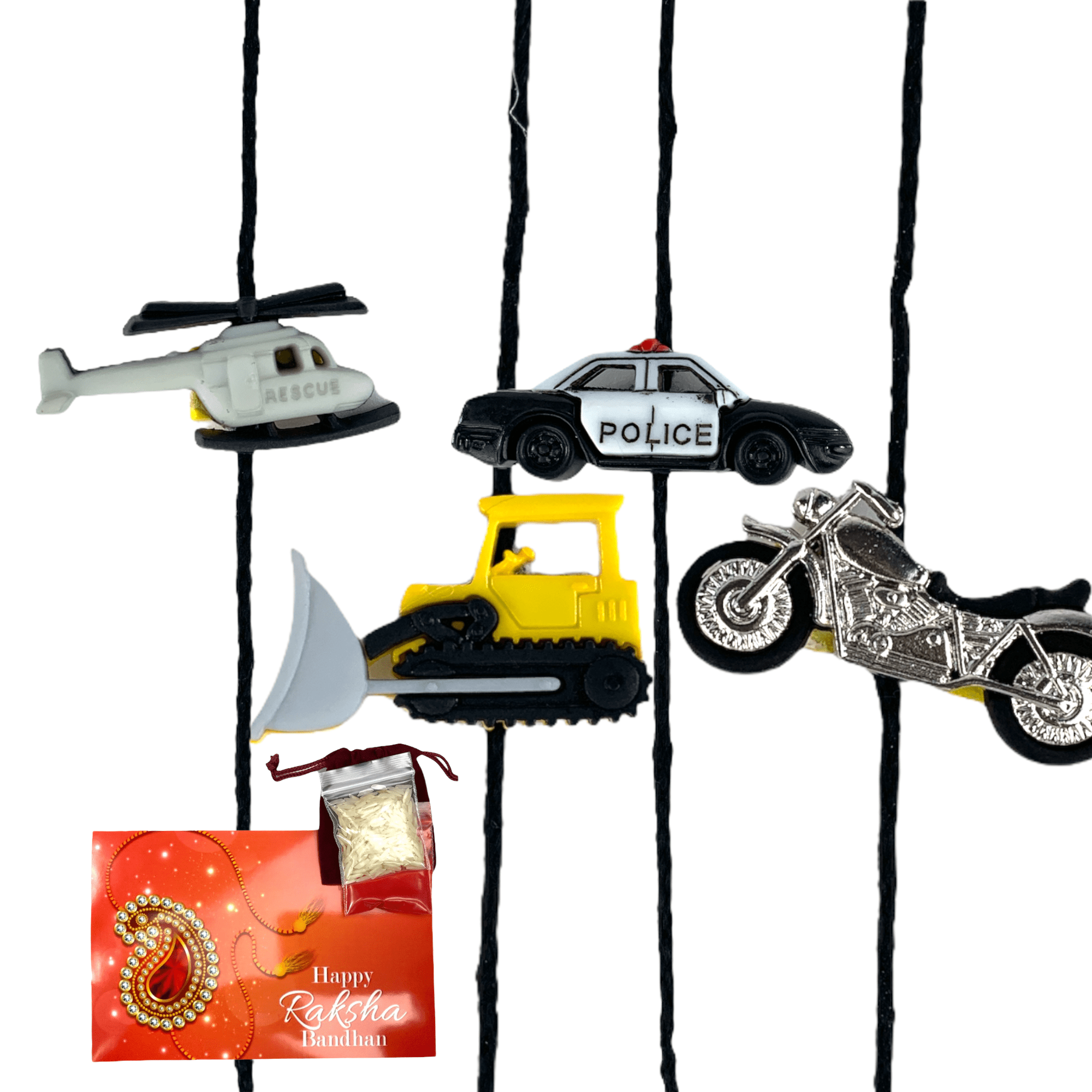 LoveNspire Helicopter, Police car, Earth Mower, Car, Motorbike Rakhi