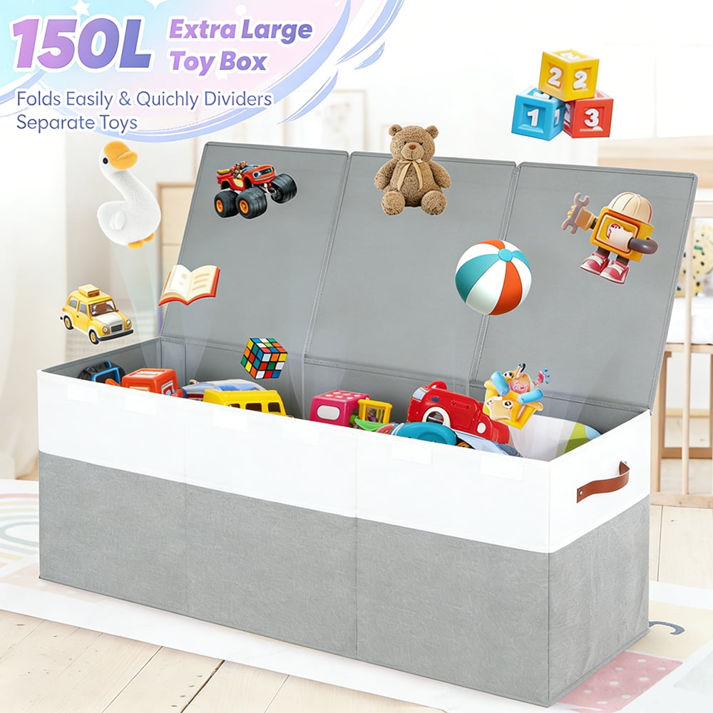Large Foldable Toy Storage Bin 96x36x40cm - Collapsible Organizer Box with Lid, White & Gray Multi-Purpose Home Storage for Toys, Clothes, Blankets