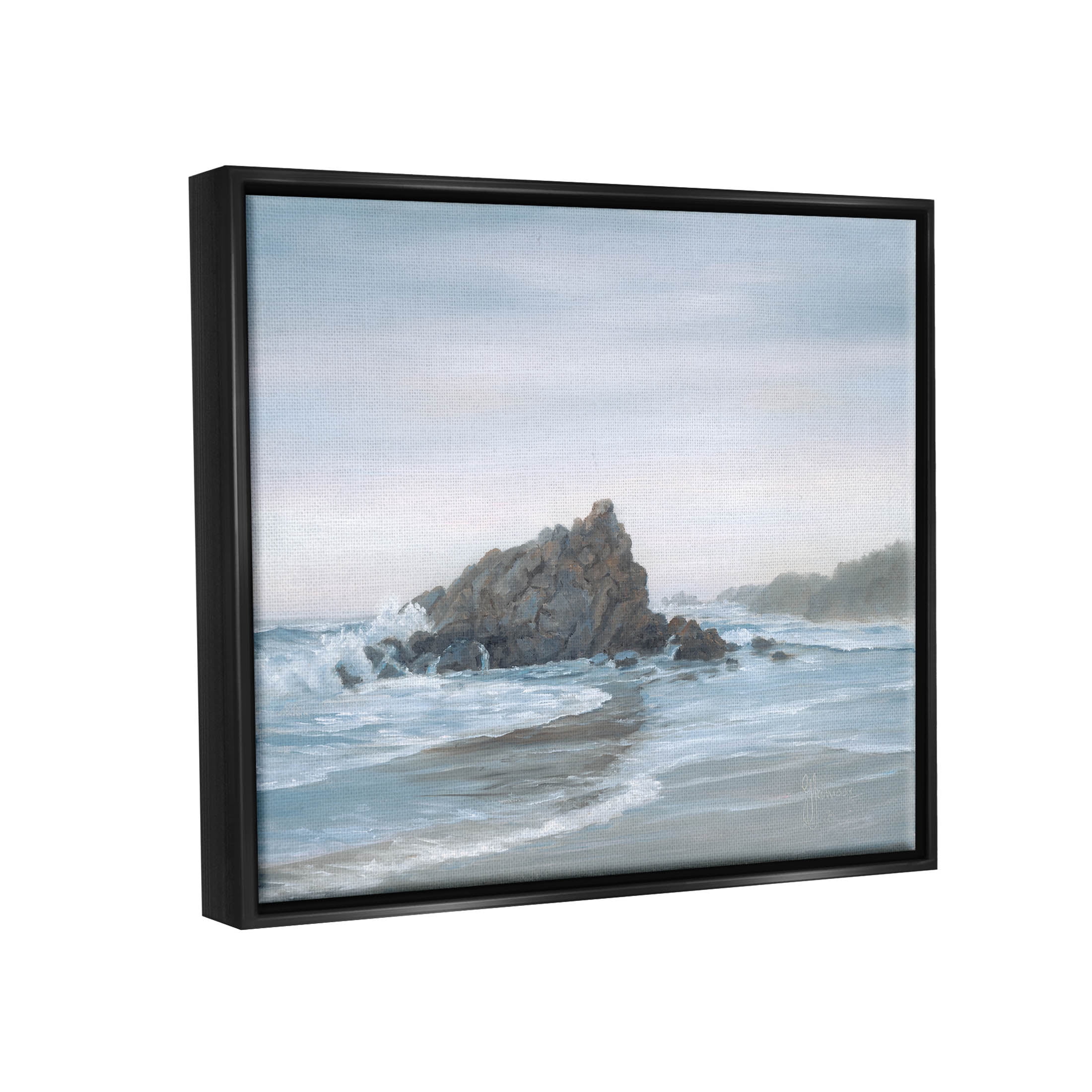 Crashing Waves Rocky Beach Coastal Painting Jet Black Framed Art Print Wall Art