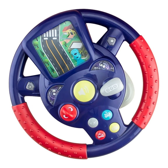 Blue Car Steering Wheel Toy For Toddlers - Simulation Driving Wheel With Suction Cup - Pretend Play Vehicle Toy With Sound Effects - 6.5 X 4.9 Inches