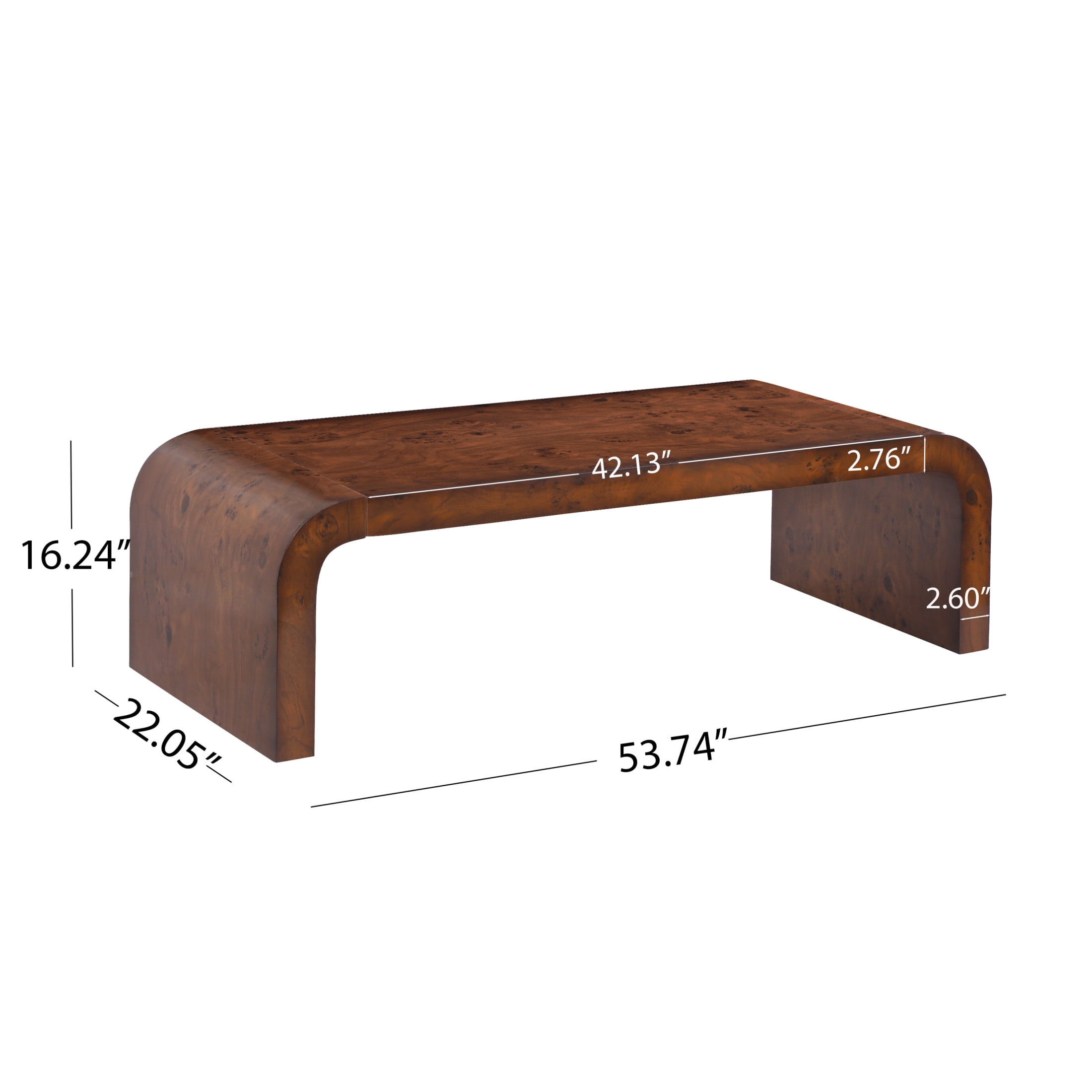 Christopher Knight Home 53.7" Waterfall Coffee Table with Burl Veneer, Curved Edges, Walnut