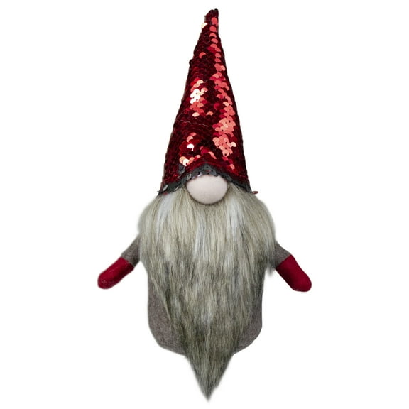 Northlight Gnome with Beard and Flip Sequin Hat Christmas Figure - 9" - Red and Gray