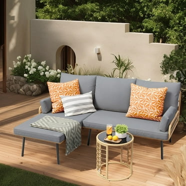 Outdoor Patio Furniture Set, Asofer Wicker Rattan L-Shaped Conversation Sectional Sofa Set with Thick Cushions & Table, Gray