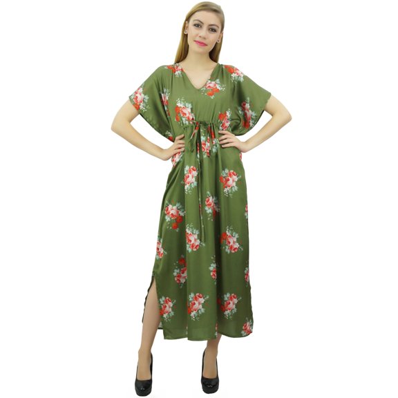 Bimba Floral Green Satin Kimono Long Bridesmaid Cover Up Drawstring Kaftan - 24