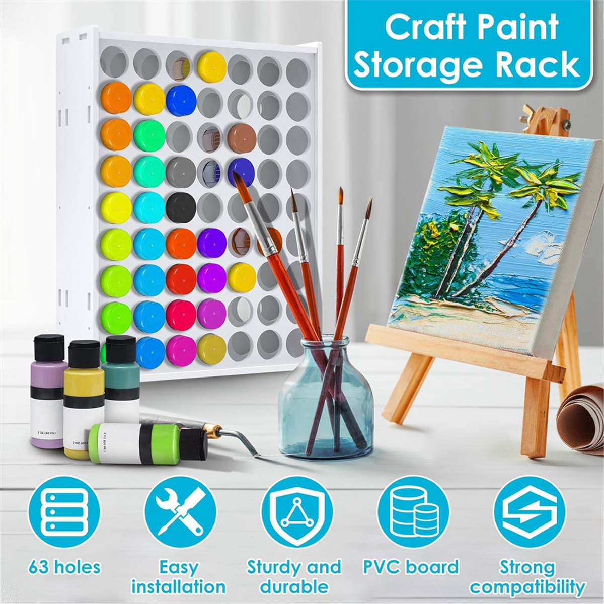 1 Pcs 63 Holes Craft Paint Storage Organizer Vertical Paint Rack Stand Wall Mounted Paint Organizers for ArtSupplies